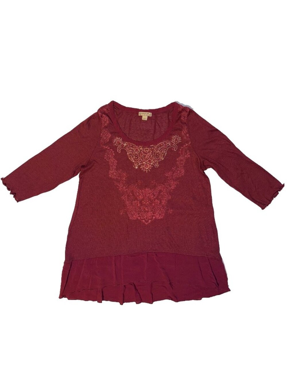 Energe World Wear Maroon Embelished Studded Y2K Top L Paisley Ruffle 3/4 Sleeve